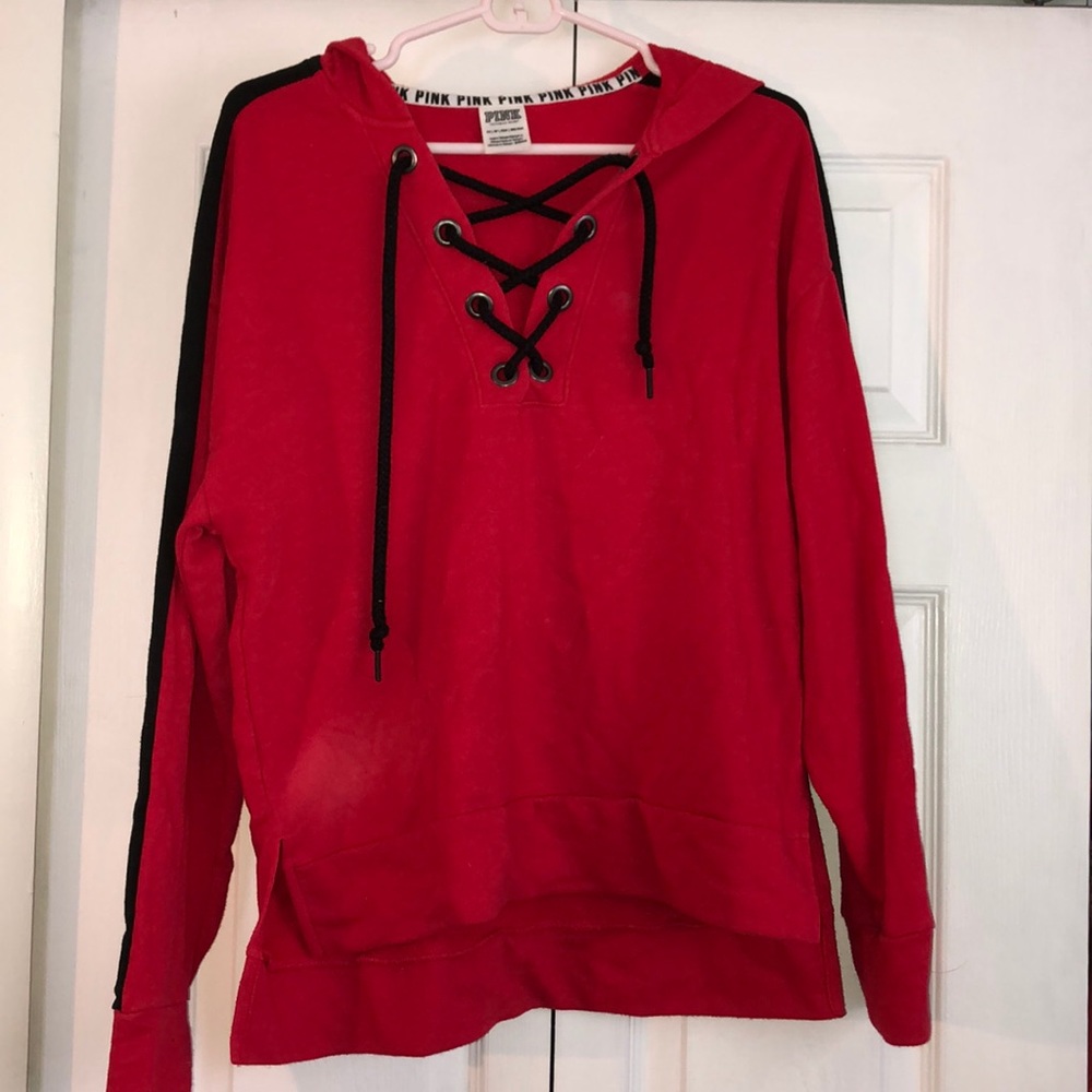 Red w/ black stripe PINK lace-up hoodie